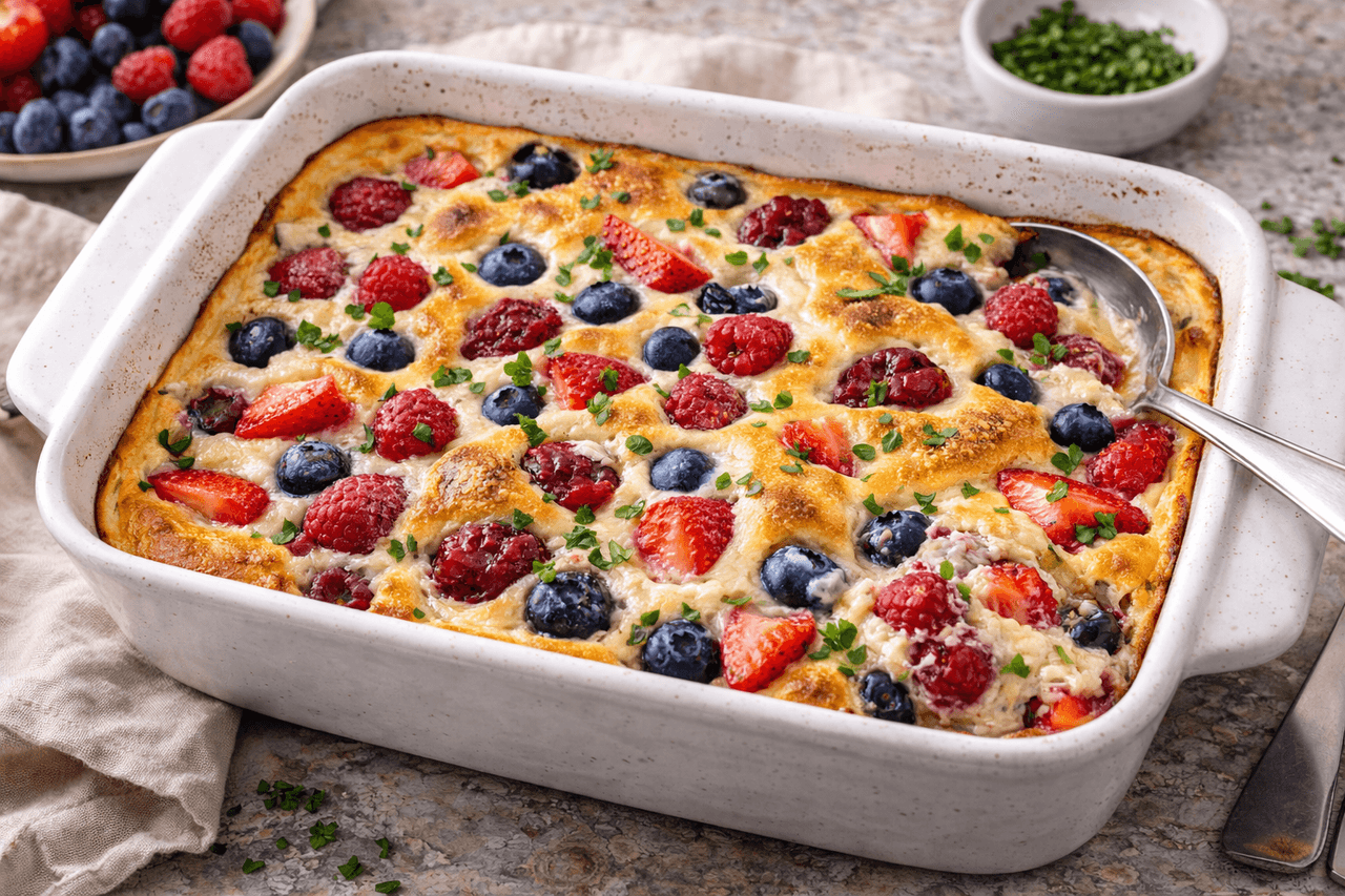 High Protein Quarkgratin mit Beeren aus dem Ofen - High Protein Rezept von Fitness Küche