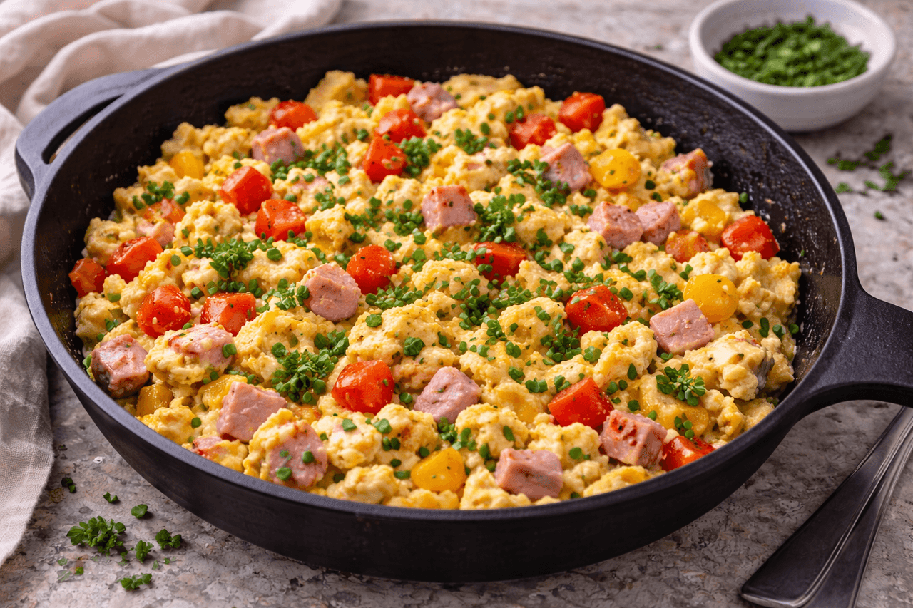 Low Carb Rührei-Mix mit Paprika, Schinken & Kräutern - High Protein Rezept von Fitness Küche