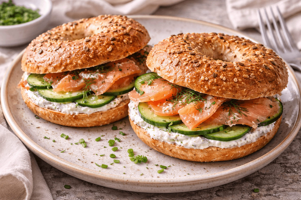 High Protein Frühstücks-Bagel mit Räucherlachs & Skyr-Creme - High Protein Rezept von Fitness Küche